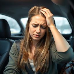 A young woman sitting in a car, holding her head in discomfort, clearly suffering from a headache