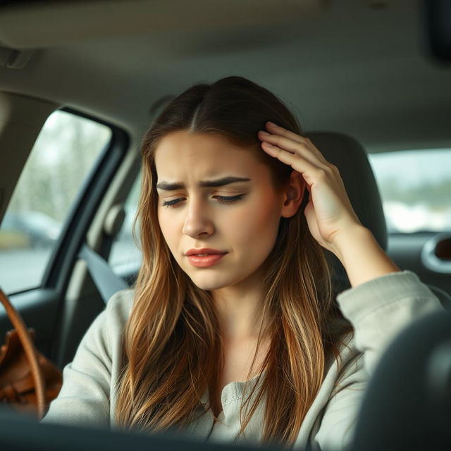 A young woman sitting in a car, holding her head in discomfort, clearly suffering from a headache