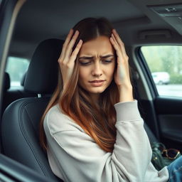 A young woman sitting in a car, holding her head in discomfort, clearly suffering from a headache