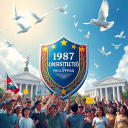 A vibrant artistic representation of the 1987 Philippine Constitution, envisioned as a powerful shield symbolizing democracy and human rights