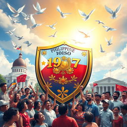A vibrant artistic representation of the 1987 Philippine Constitution, envisioned as a powerful shield symbolizing democracy and human rights