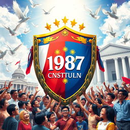 A vibrant artistic representation of the 1987 Philippine Constitution, envisioned as a powerful shield symbolizing democracy and human rights