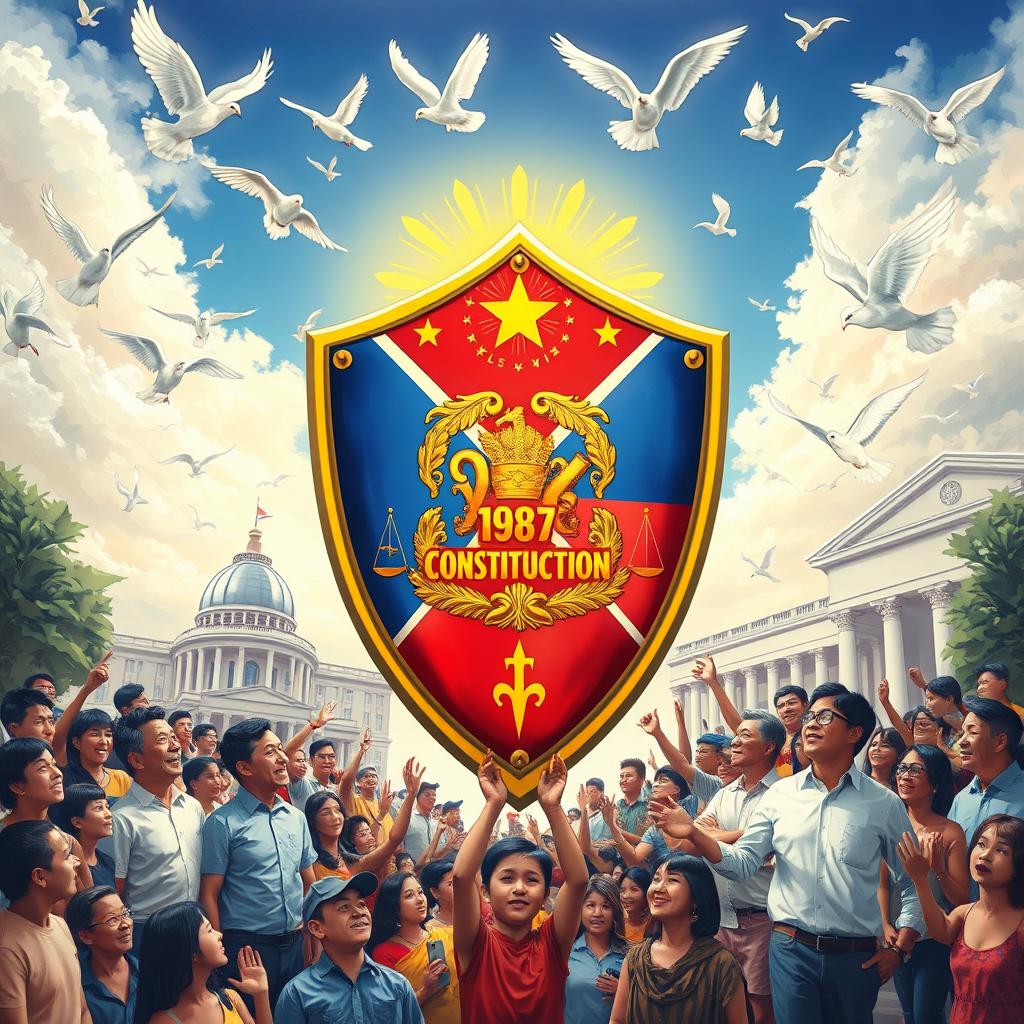 A vibrant artistic representation of the 1987 Philippine Constitution, envisioned as a powerful shield symbolizing democracy and human rights