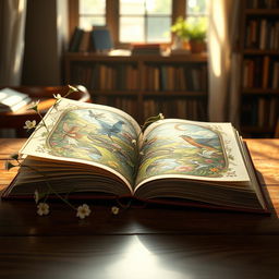 A beautifully illustrated open book resting on a wooden table, surrounded by soft sunlight coming through a window