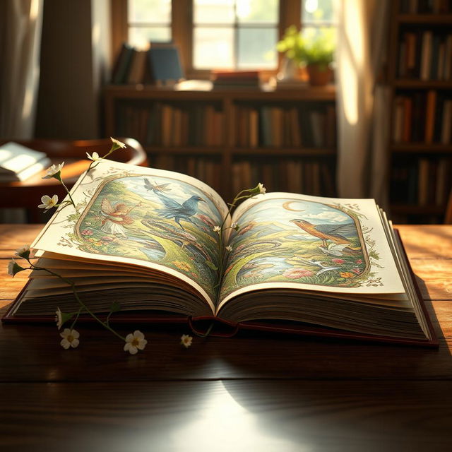 A beautifully illustrated open book resting on a wooden table, surrounded by soft sunlight coming through a window