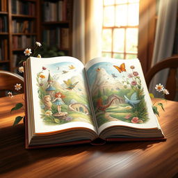 A beautifully illustrated open book resting on a wooden table, surrounded by soft sunlight coming through a window