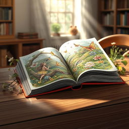 A beautifully illustrated open book resting on a wooden table, surrounded by soft sunlight coming through a window