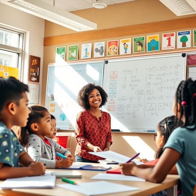 A lively and engaging classroom scene where a teacher, an enthusiastic and confident adult, is teaching mathematics