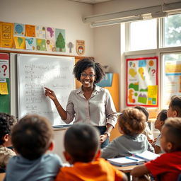 A lively and engaging classroom scene where a teacher, an enthusiastic and confident adult, is teaching mathematics