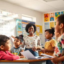 A lively and engaging classroom scene where a teacher, an enthusiastic and confident adult, is teaching mathematics