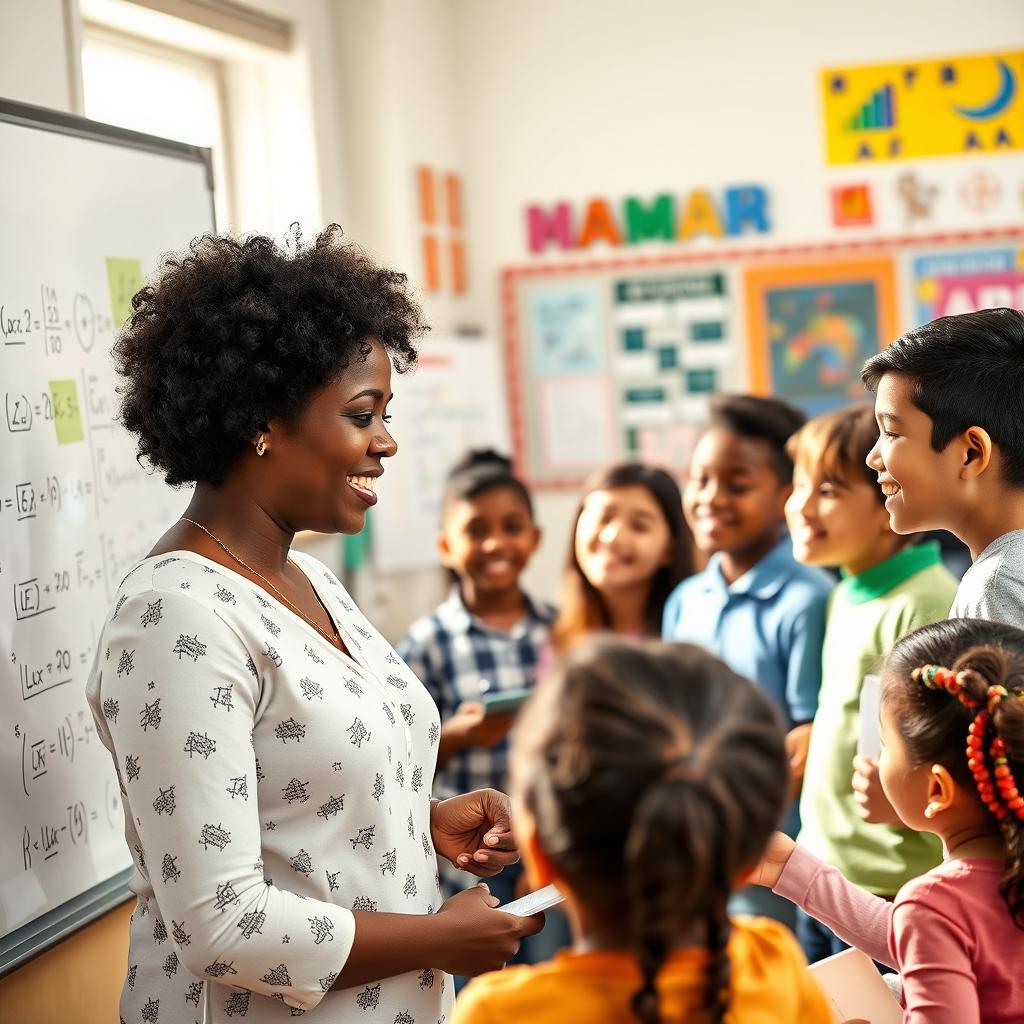 A lively and engaging classroom scene where a teacher, an enthusiastic and confident adult, is teaching mathematics