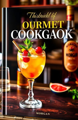 A captivating book cover for a gourmet cookbook featuring Morgan branded drinks