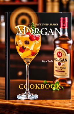 A captivating book cover for a gourmet cookbook featuring Morgan branded drinks