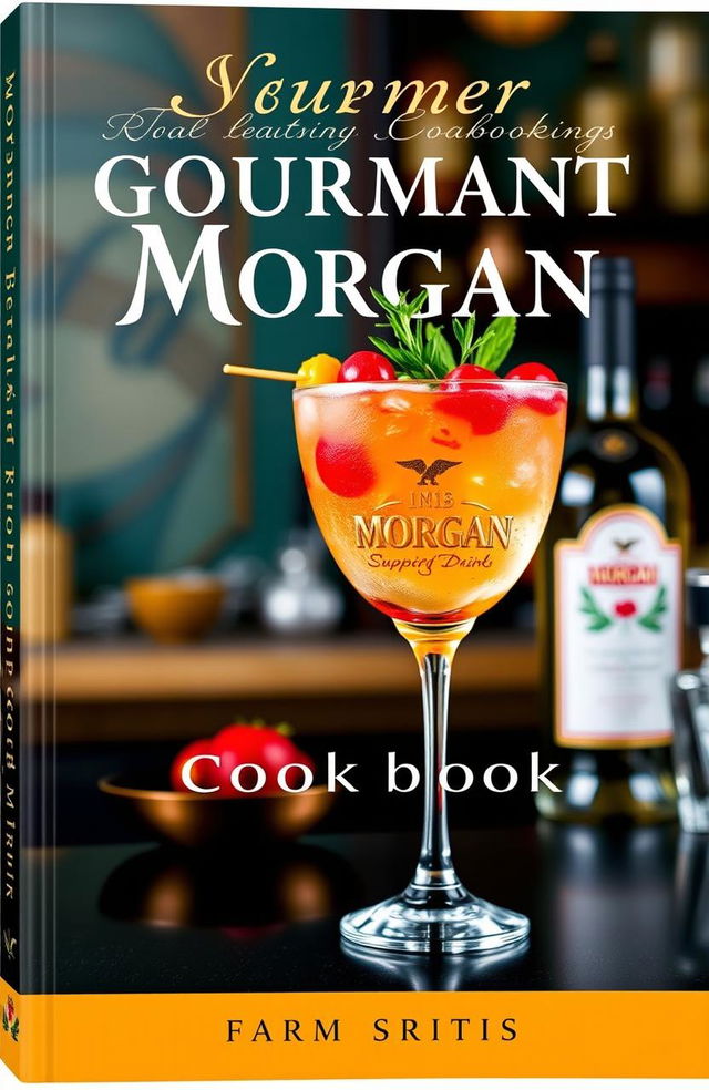 A captivating book cover for a gourmet cookbook featuring Morgan branded drinks