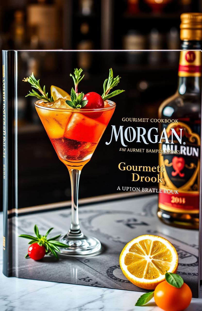 A captivating book cover for a gourmet cookbook featuring Morgan branded drinks