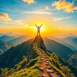 A vibrant and inspiring scene symbolizing achieved goals, featuring a person standing triumphantly on top of a high mountain peak with arms raised in victory, surrounded by a stunning sunrise casting warm colors across the sky