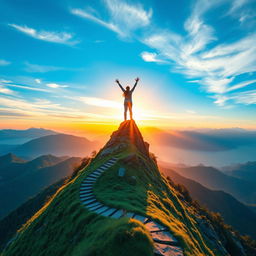 A vibrant and inspiring scene symbolizing achieved goals, featuring a person standing triumphantly on top of a high mountain peak with arms raised in victory, surrounded by a stunning sunrise casting warm colors across the sky
