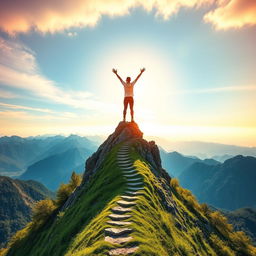 A vibrant and inspiring scene symbolizing achieved goals, featuring a person standing triumphantly on top of a high mountain peak with arms raised in victory, surrounded by a stunning sunrise casting warm colors across the sky
