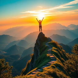 A vibrant and inspiring scene symbolizing achieved goals, featuring a person standing triumphantly on top of a high mountain peak with arms raised in victory, surrounded by a stunning sunrise casting warm colors across the sky
