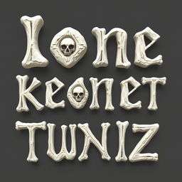 Design a unique font inspired by a bone theme, where each letter is creatively constructed to resemble skeletal structures and bones