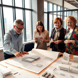 A group of three architects collaborating on innovative building designs in a modern office environment, surrounded by blueprints, sketches, and 3D models
