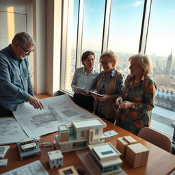 A group of three architects collaborating on innovative building designs in a modern office environment, surrounded by blueprints, sketches, and 3D models