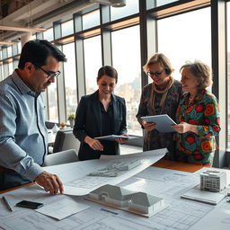 A group of three architects collaborating on innovative building designs in a modern office environment, surrounded by blueprints, sketches, and 3D models