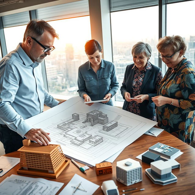 A group of three architects collaborating on innovative building designs in a modern office environment, surrounded by blueprints, sketches, and 3D models