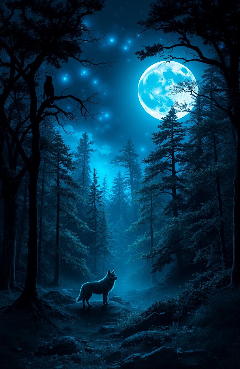 An enchanted forest under a blue moon with magical and fantastical elements