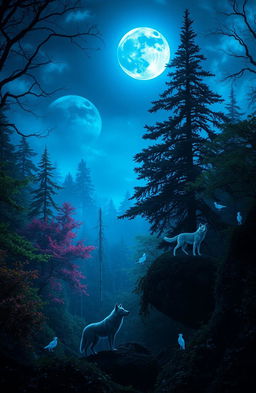 An enchanted forest under a blue moon with magical and fantastical elements