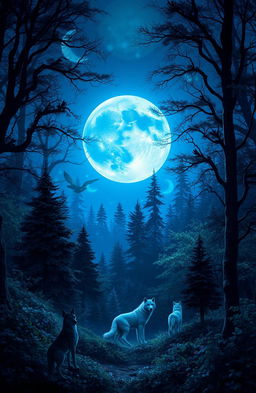 An enchanted forest under a blue moon with magical and fantastical elements