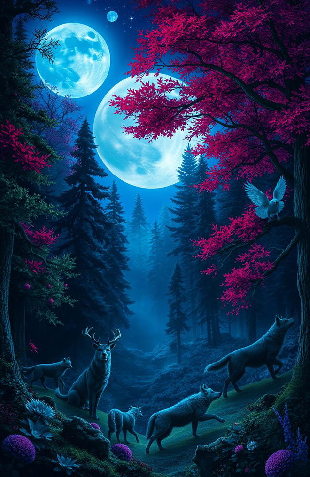 An enchanted forest under a blue moon with magical and fantastical elements