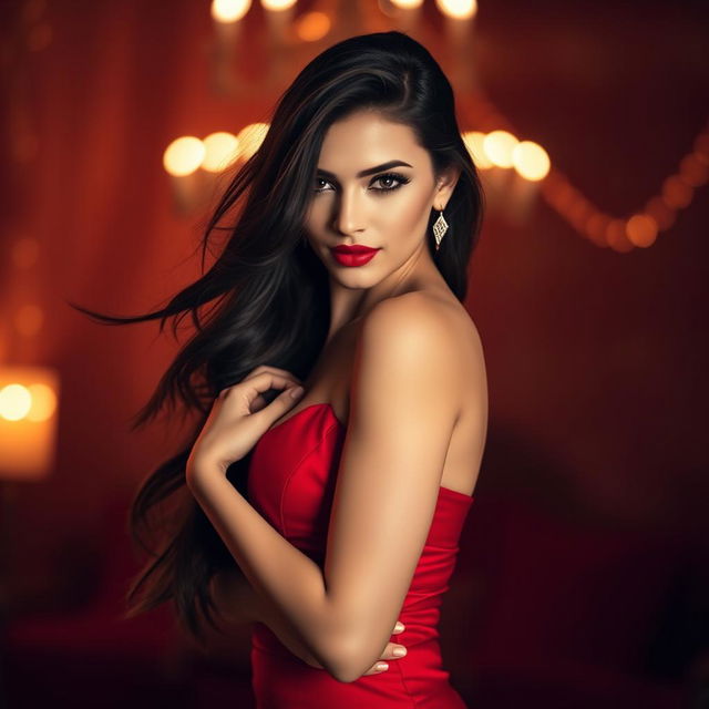 A sexy woman with long flowing hair, wearing a form-fitting red dress that accentuates her curves