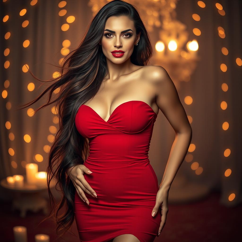 A sexy woman with long flowing hair, wearing a form-fitting red dress that accentuates her curves