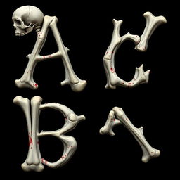 Create an intricate font where each letter is uniquely constructed from detailed representations of human bones from various parts of the body
