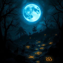 A mystical scene featuring a blue moon casting its ethereal light over a dark, enchanted landscape rich with fantasy