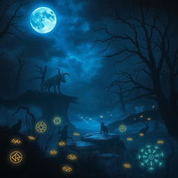 A mystical scene featuring a blue moon casting its ethereal light over a dark, enchanted landscape rich with fantasy
