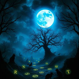 A mystical scene featuring a blue moon casting its ethereal light over a dark, enchanted landscape rich with fantasy