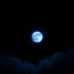 A captivating scene featuring a blue moon glowing brilliantly against a pitch-black background