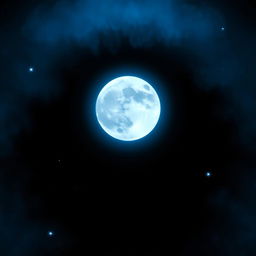 A captivating scene featuring a blue moon glowing brilliantly against a pitch-black background