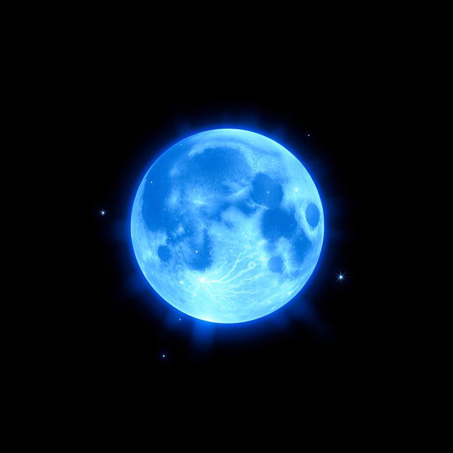 A captivating scene featuring a blue moon glowing brilliantly against a pitch-black background