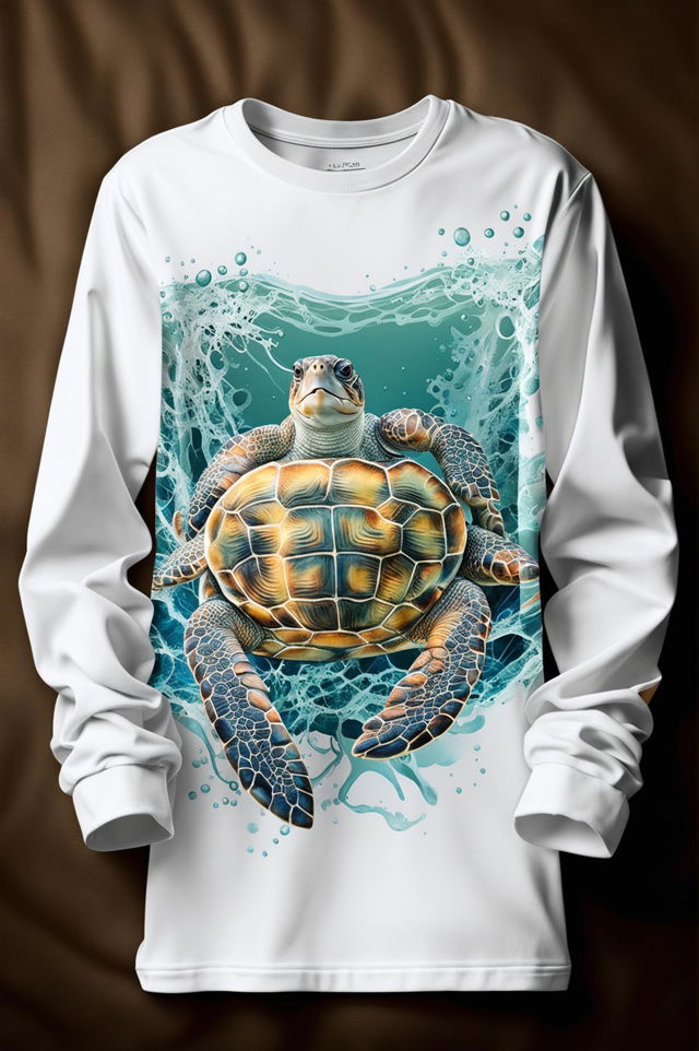 A high-quality digital art of a long sleeve graphic tee in white with a detailed, realistic turtle print