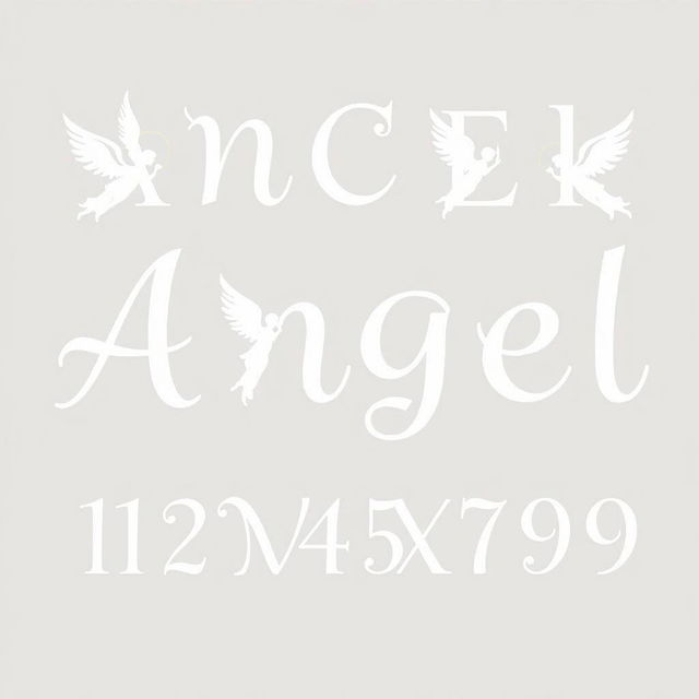 Create a beautiful font inspired by an angel theme, where each letter incorporates a graceful silhouette of an angel