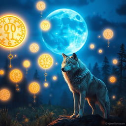 A captivating scene featuring a blue moon illuminating a magical landscape filled with fantasy elements