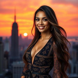A stunning portrait of a glamorous woman with long flowing hair, wearing a fashionable dress with intricate patterns, posing confidently against a vibrant cityscape background at sunset
