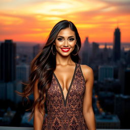 A stunning portrait of a glamorous woman with long flowing hair, wearing a fashionable dress with intricate patterns, posing confidently against a vibrant cityscape background at sunset