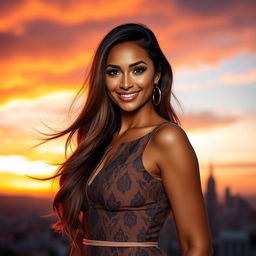 A stunning portrait of a glamorous woman with long flowing hair, wearing a fashionable dress with intricate patterns, posing confidently against a vibrant cityscape background at sunset