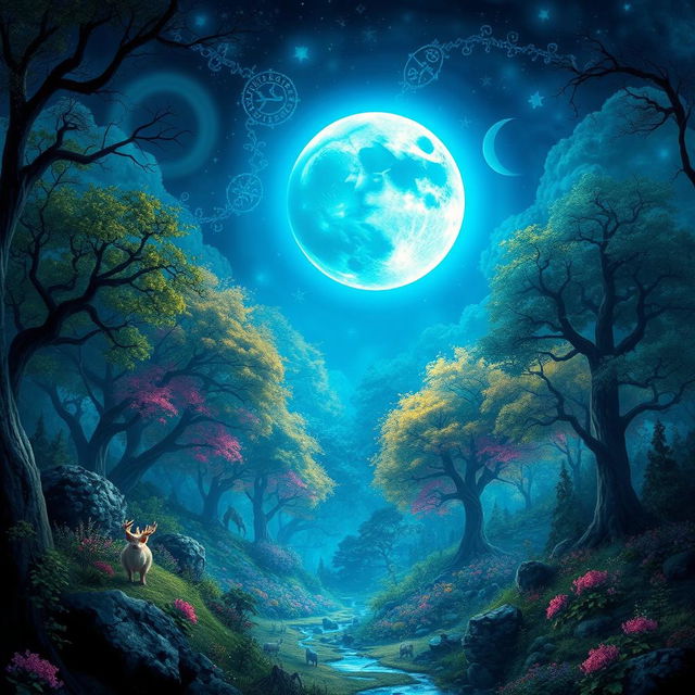 An enchanting scene depicting a blue moon shining brightly in a fantastical landscape