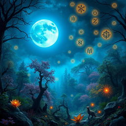 An enchanting scene depicting a blue moon shining brightly in a fantastical landscape