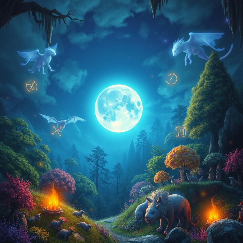 An enchanting scene depicting a blue moon shining brightly in a fantastical landscape